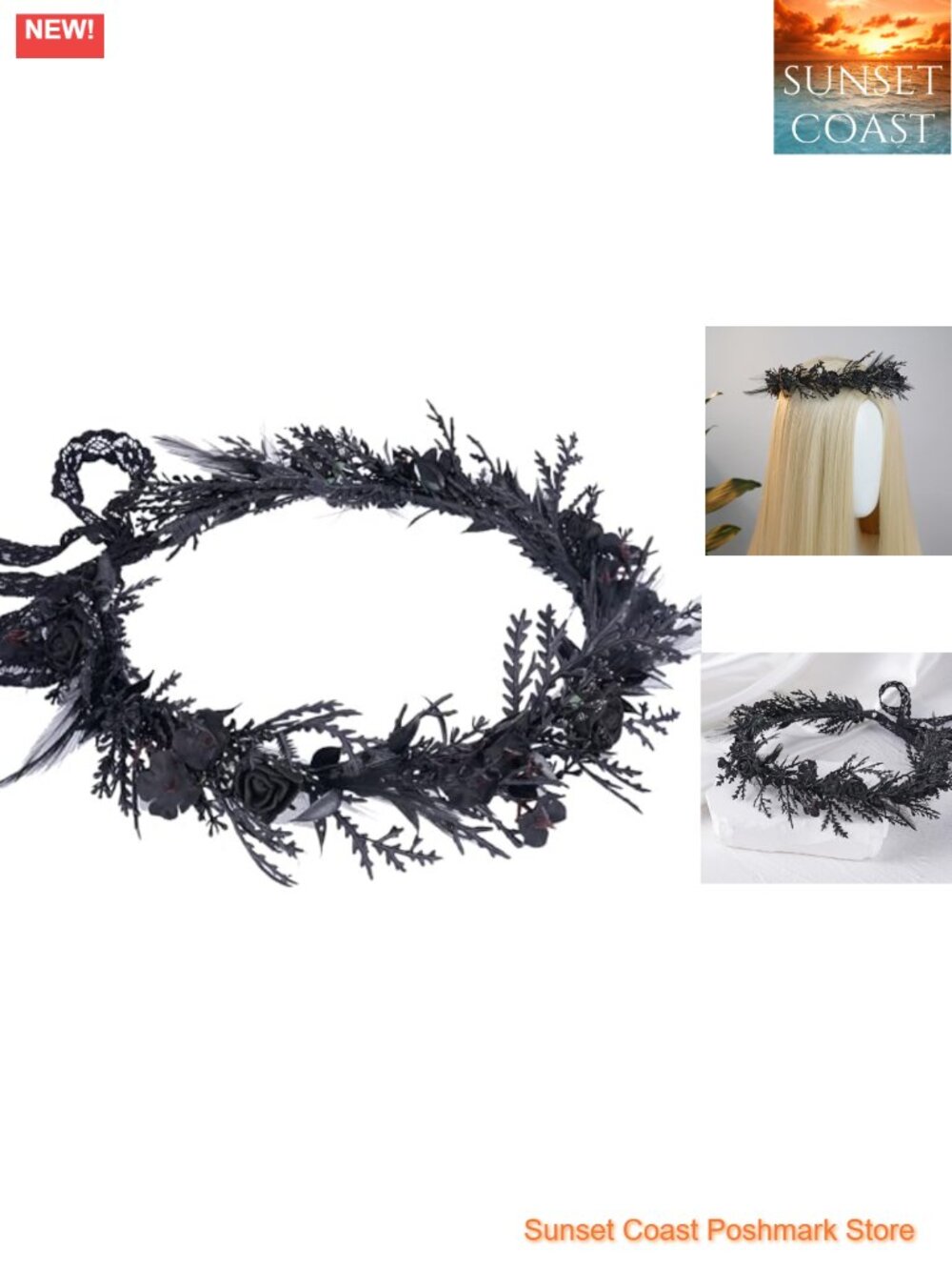 Gothic Black Flower Crown Headband with Feathers for Halloween Cosplay